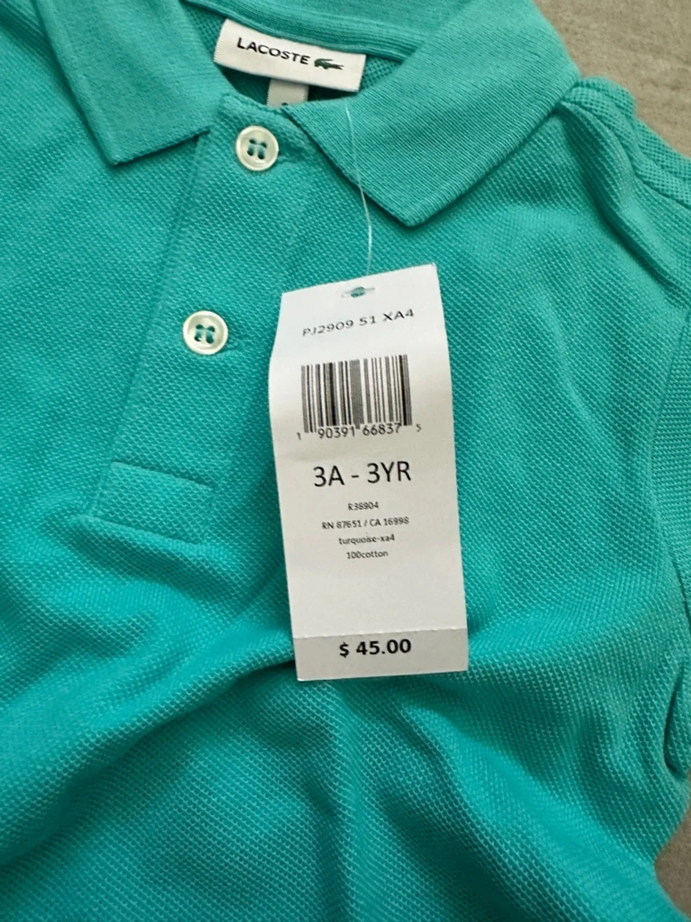 Lacoste Kids Short Sleeve Polo in Teal - 3T - NWT - Picture 3 of 4